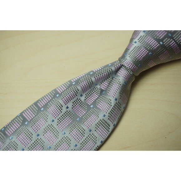 Charvet Steel Gray 3D Cube Metallic Pink Blue Woven Silk Tie Made France